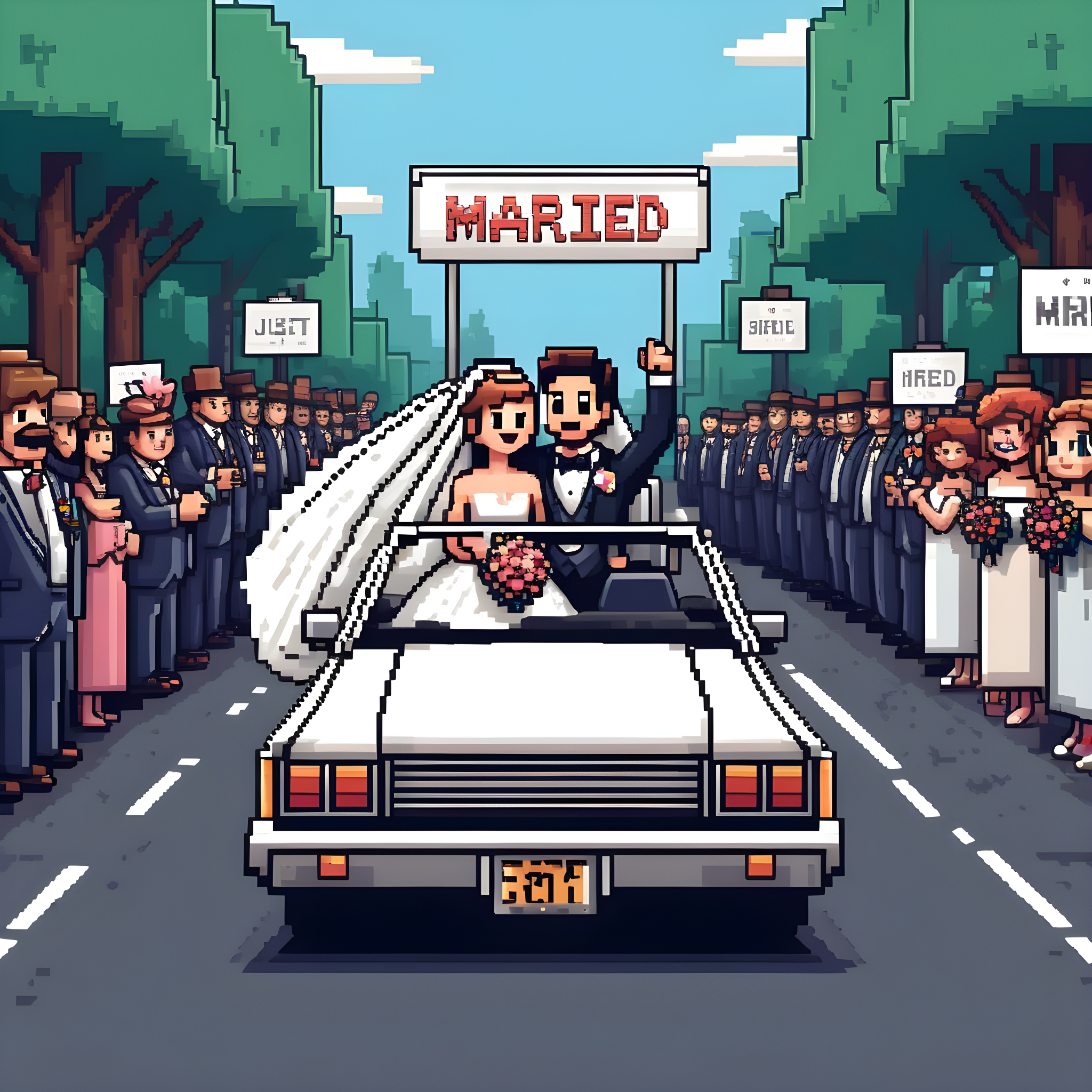 mariés dans la voiture en pixel art